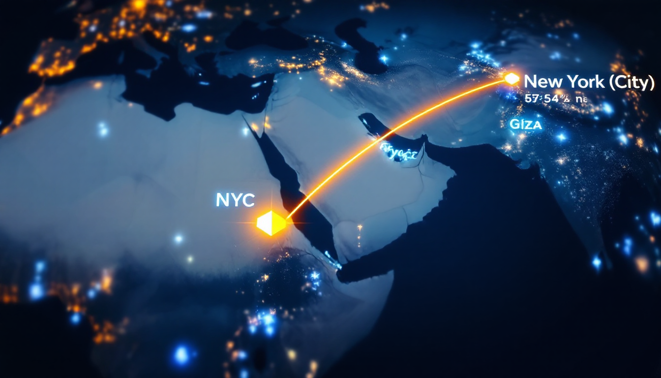 NYC to Giza — 57.82 degree bearing matching summer solstice sunrise