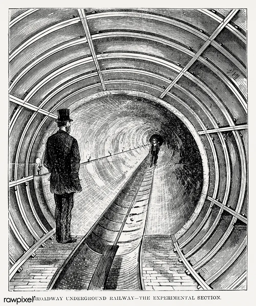 A lone figure standing in Beach's brick-lined pneumatic tunnel