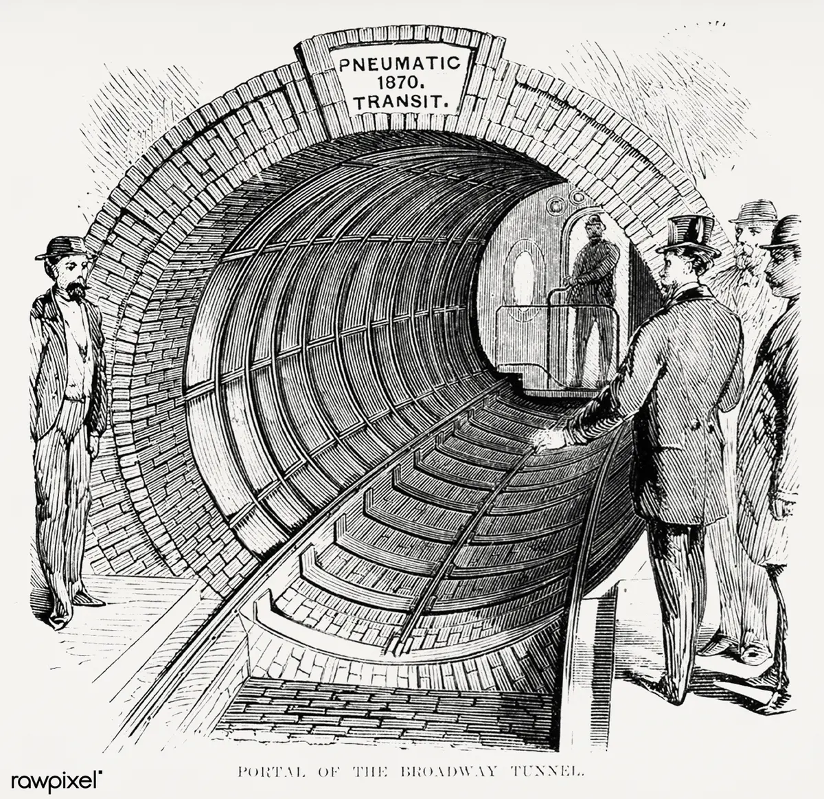 Passengers at the portal of the Broadway pneumatic tunnel