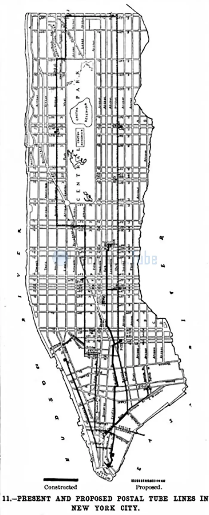 Map of Alfred Beach's proposed postal pneumatic tube lines across Manhattan