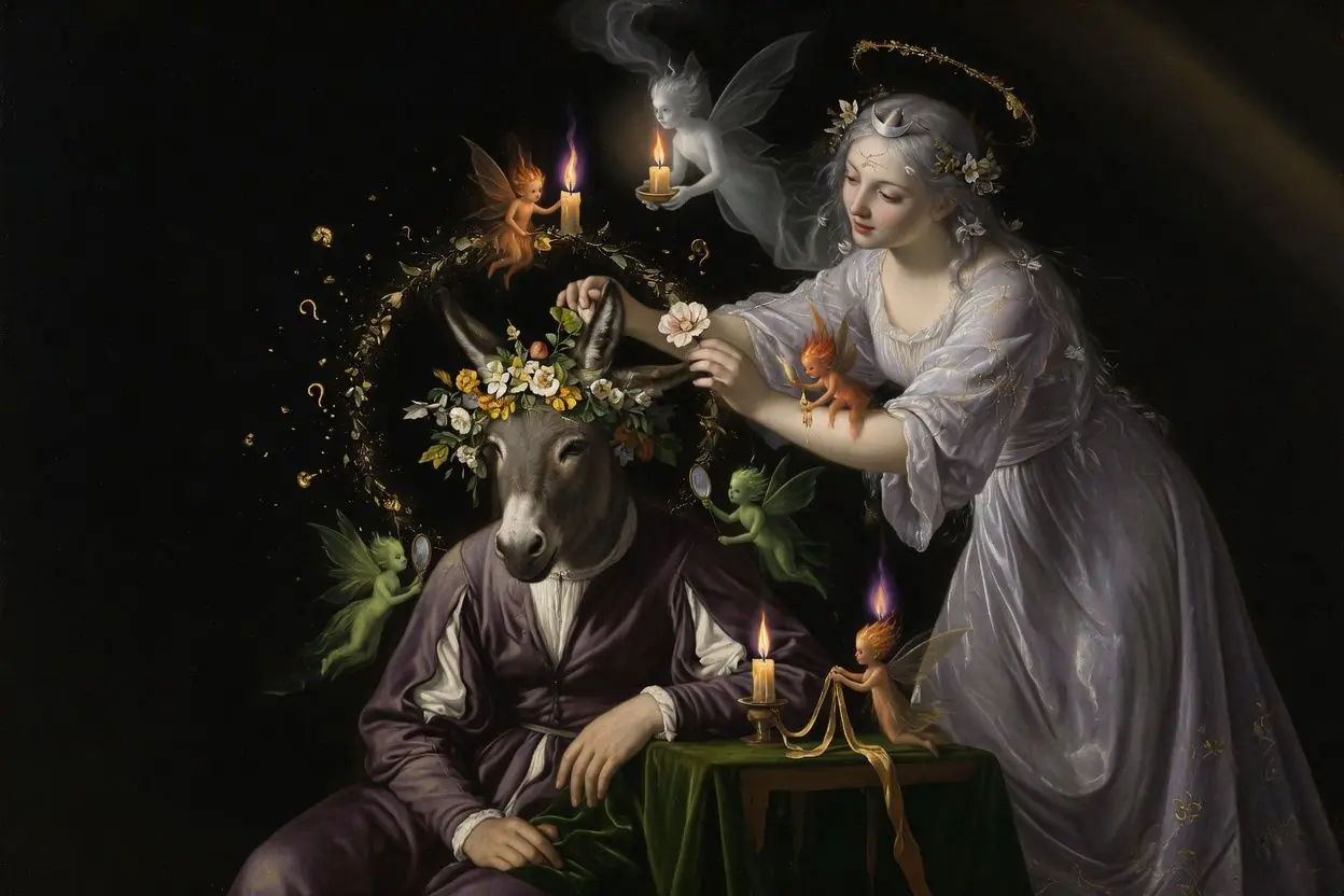 Renaissance-style painting — a man with a donkey's head, crowned with flowers, attended by a pale fairy queen and tiny elemental spirits, unaware he is transformed.