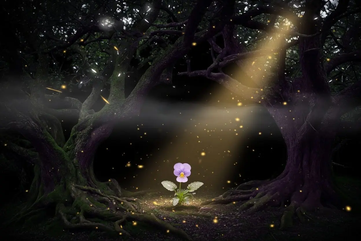 A moonlit enchanted forest on the summer solstice — ancient gnarled trees, drifting motes of golden light, and a single glowing wild pansy on the forest floor.