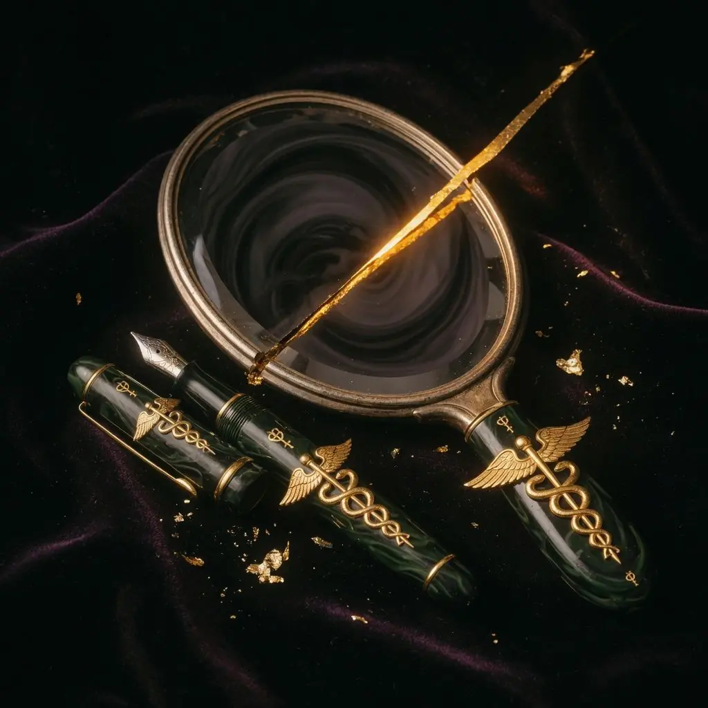 Alchemical still life — a scrying hand mirror and an ornate fountain pen engraved with winged caduceus glyphs, on black velvet streaked with gold.