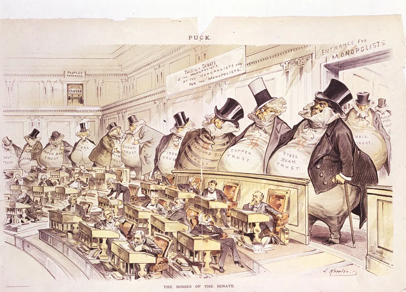 Keppler's 1889 cartoon 'The Bosses of the Senate' — enormous moneybag figures labeled with the trusts looming over tiny senators, a banner reading 'This is a Senate of the Monopolists, by the Monopolists, and for the Monopolists,' with the people's entrance bolted shut.