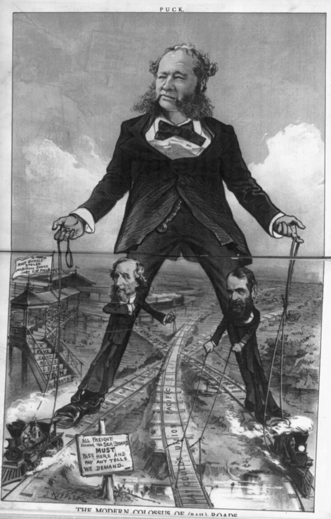 Joseph Keppler's 1879 Puck cartoon 'The Modern Colossus of (Rail) Roads' — railroad baron William Vanderbilt drawn as a giant straddling the rail lines, holding the reins over Jay Gould and Cyrus Field below.