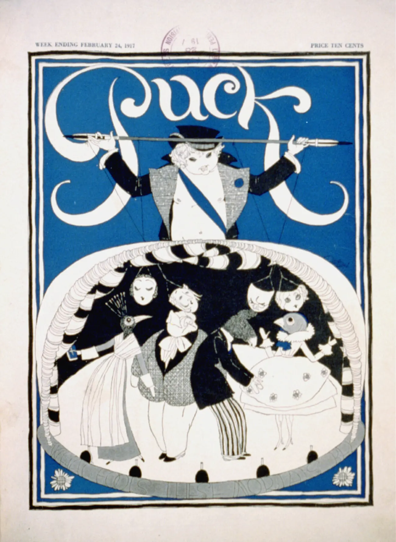 A 1917 Puck cover in deep blue and gold — a stylized harlequin figure beneath the magazine's masthead, the line 'What fools these mortals be' running across the top.