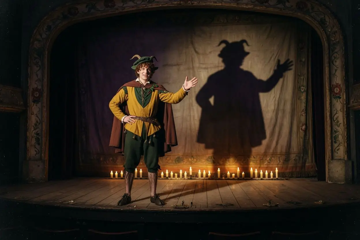 Robin Goodfellow / Puck stands alone at the edge of a candle-lit Elizabethan stage, one hand extended toward the dark, empty audience, a horned shadow thrown behind him.