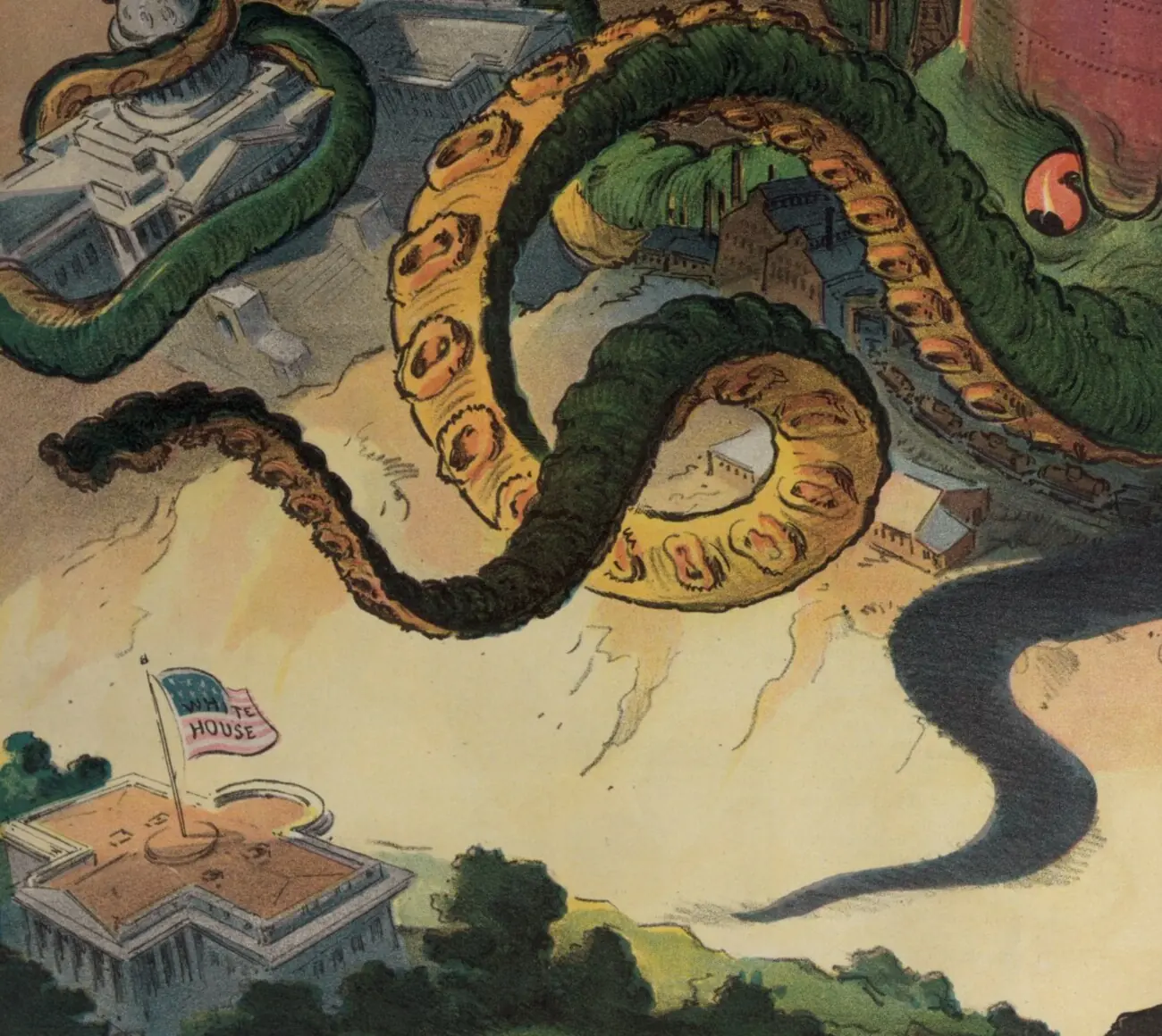 Detail of Udo Keppler's 1904 Puck cartoon 'Next!' — the Standard Oil company drawn as a green octopus, its tentacles wrapped around the U.S. Capitol and state government buildings, rising from an oil-storage tank.