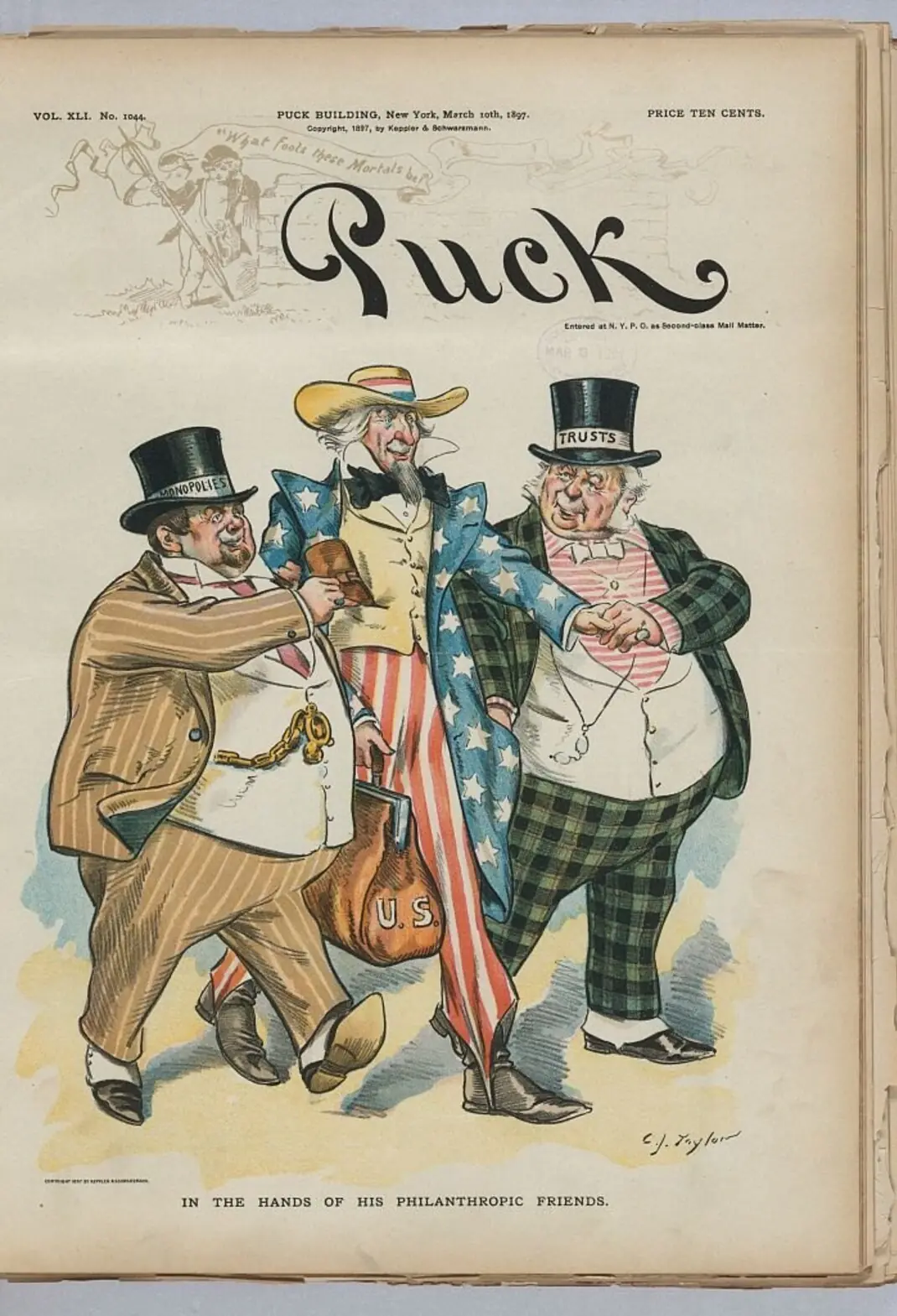 C.J. Taylor's Puck cover 'In the Hands of His Philanthropic Friends' — Uncle Sam being held up and picked clean by two fat top-hatted trust figures, one hat labeled 'Trusts.'