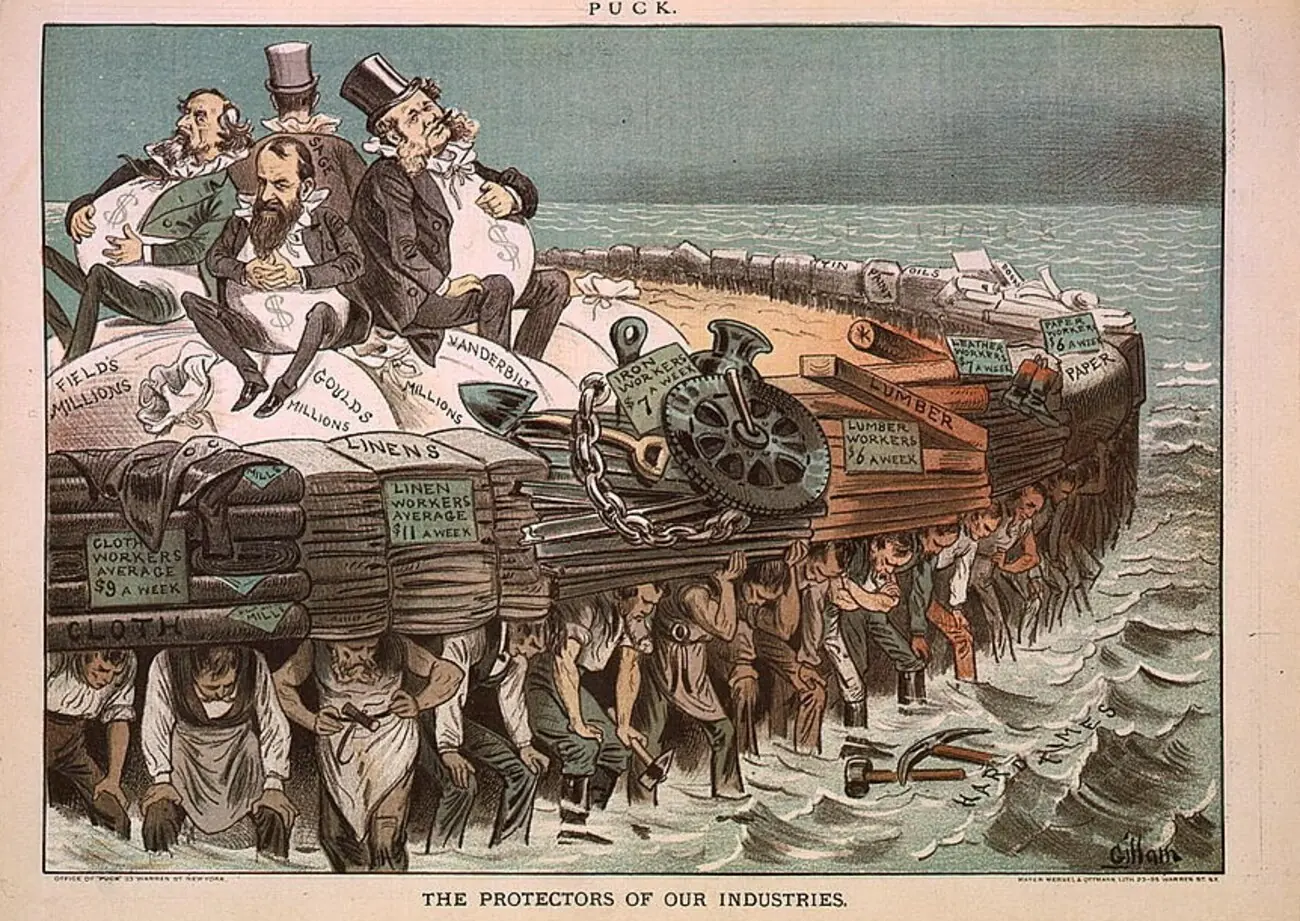 Bernhard Gillam's 1883 Puck cartoon 'The Protectors of Our Industries' — railroad and finance magnates labeled with their millions lounging on giant moneybags that rest on the backs of straining low-wage workers below.