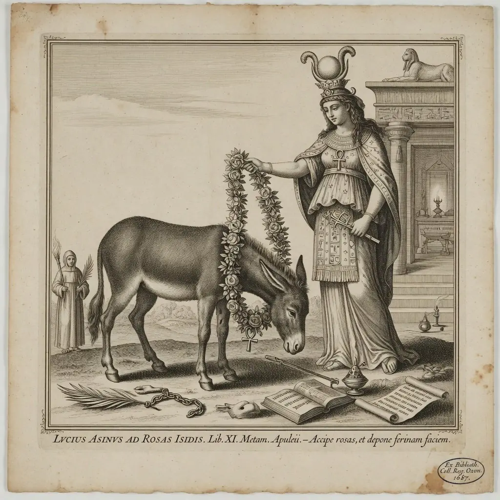 Engraving — Lucius as a donkey receiving a garland of roses from the goddess Isis, an initiation-text frontispiece.
