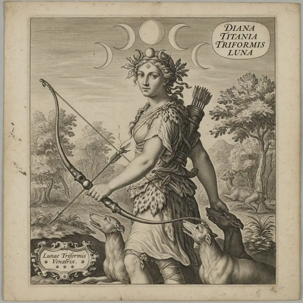 Engraving — Diana Titania Triformis, the triple moon goddess crowned with crescents, holding a hunting bow.