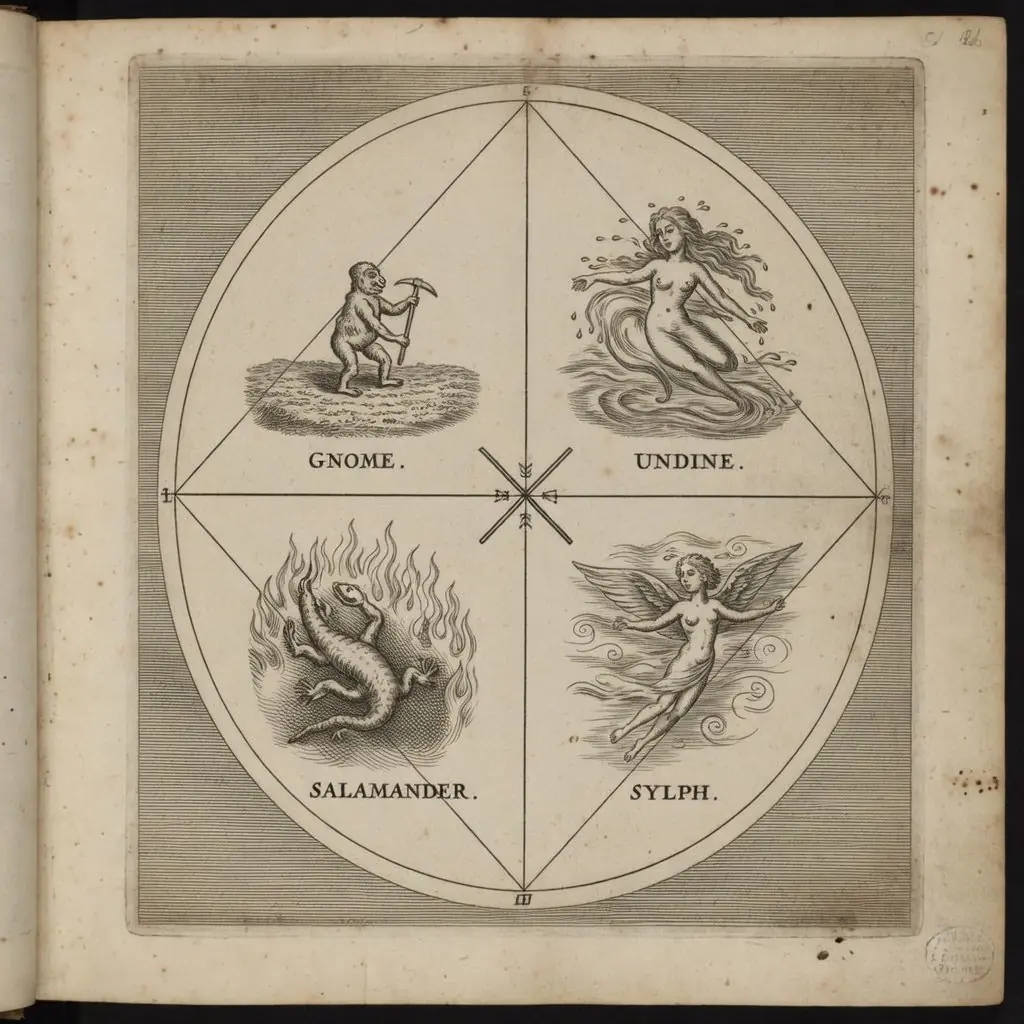 Alchemical diagram — the four elementals Gnome, Undine, Sylph and Salamander arranged in a quadrant within a circle.