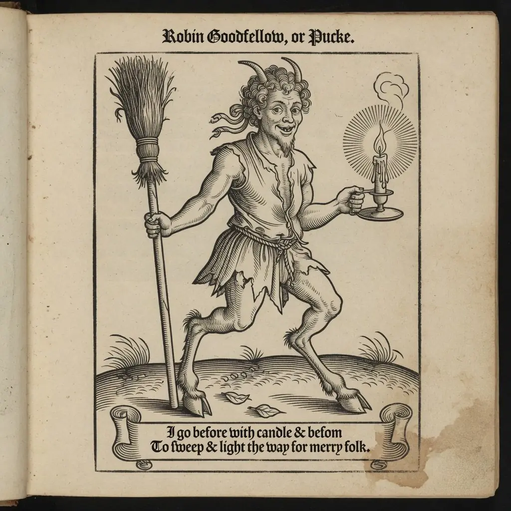 1639-style woodcut — Robin Goodfellow, or Pucke, with goat legs, cloven hooves and horns, holding a broom and a candle.