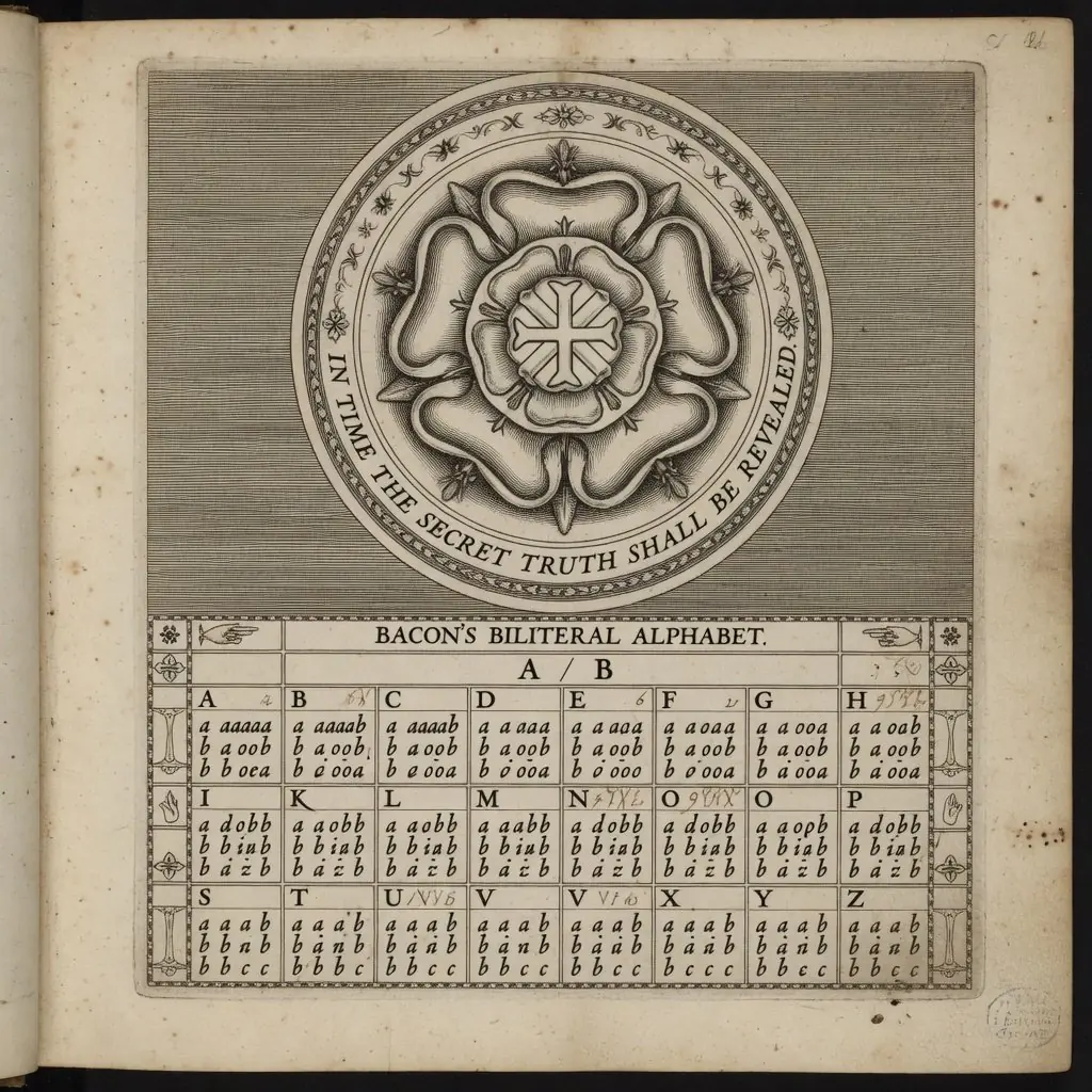 Engraved plate — a rose-and-cross emblem reading 'In time the secret truth shall be revealed', above Bacon's biliteral cipher alphabet.