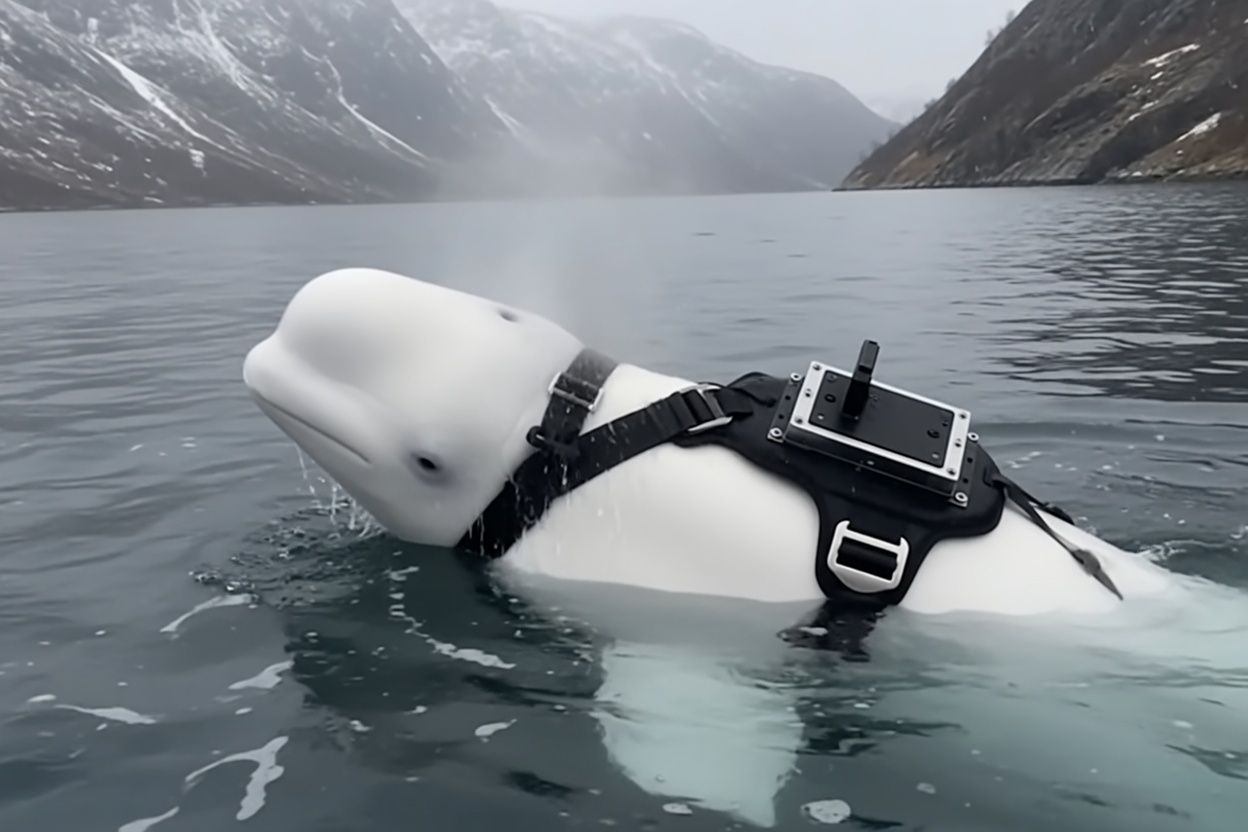 Hvaldimir the beluga in Norwegian water with harness line still visible