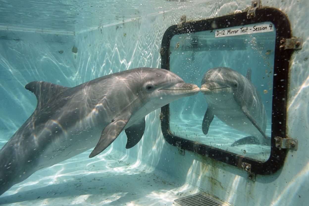 Bottlenose dolphin facing its own reflection during the mirror self-recognition test