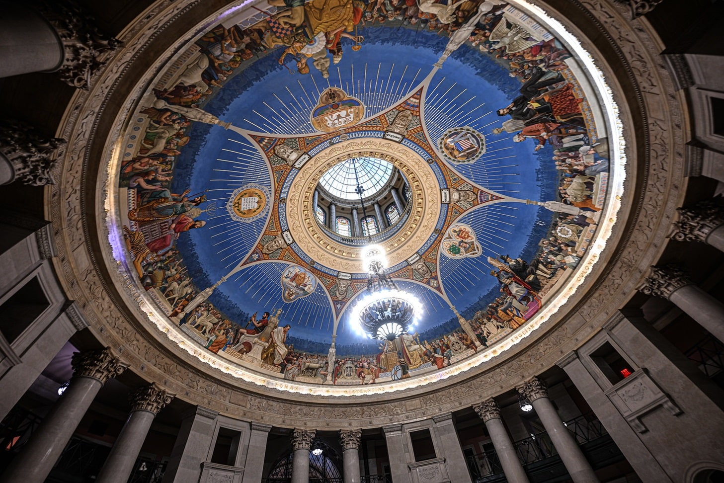 The rotunda ceiling showing six sections of Law Through the Ages