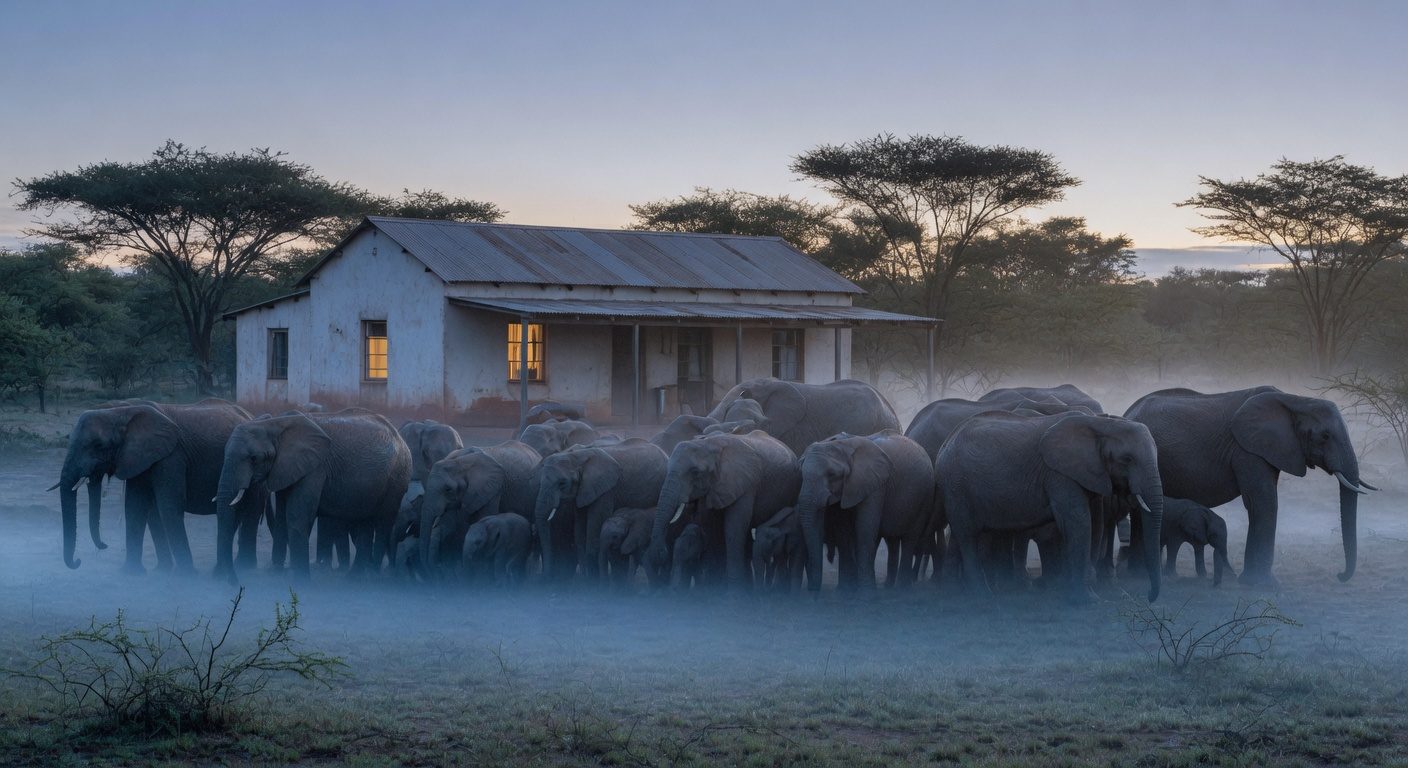 A herd of elephants standing in vigil outside a farmhouse at dawn