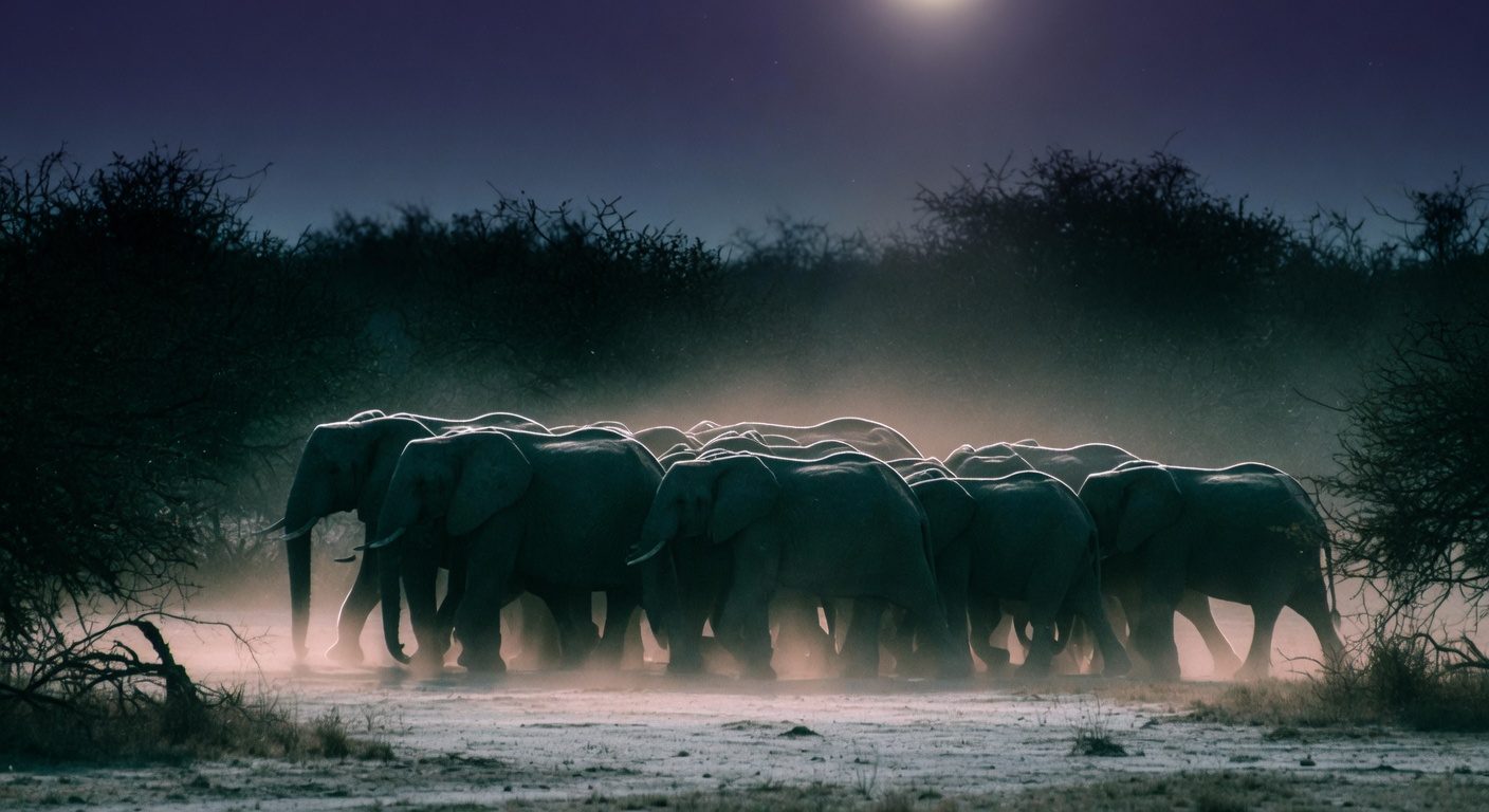 Elephants walking single file across a moonlit clearing at night