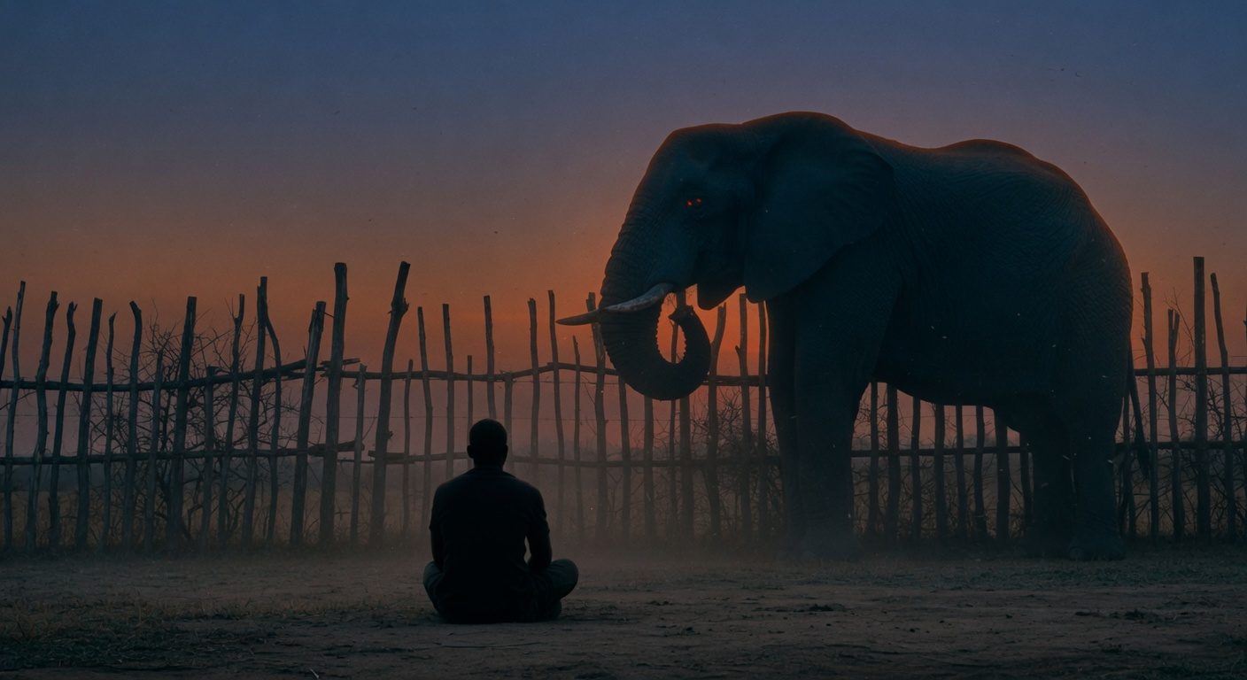 A man sitting on the ground at dusk beside a boma fence as a large elephant watches him